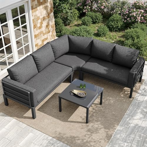Xwiny Gartenmöbel-Set für 4-5 Personen, Lounge Möbel Outdoor mit Verstellbaren Beinen, 4-teiliges, 2 Doppelsofa, 1 Ecksofa, 1 Tische, Verzinkter Eisenrahmen, Alle Kissen Inklusive (Grau)
