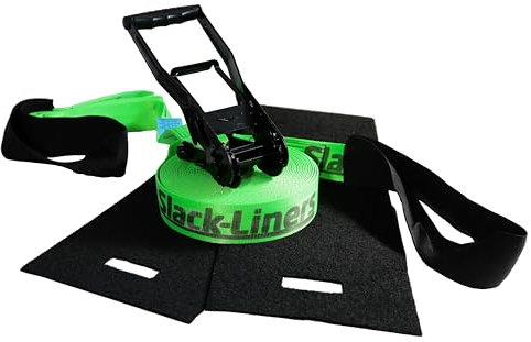Slack-Liners 4 Teiliges Slackline-Set LEUCHTGRÜN - 50mm breit, 25m lang - mit Langhebelratsche Made in Germany