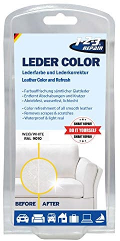 1-2-3 REPAIR® Lederfarbe Weiss - Professionelles Leder Reparatur Set Weiss - Effektive Lederpflege für Sofa & Couch - Flüssigleder Weiss - Einfach & mühelos Leder Risse reparieren & färben