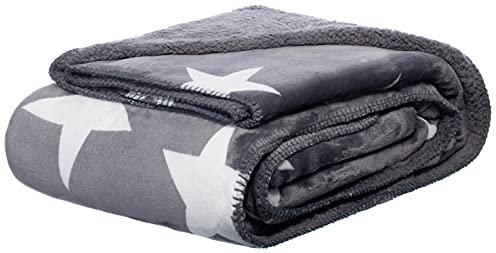 Brandsseller Decke mit Sternen Flanell/Sherpa Wohndecke Kuscheldecke ca. 150x200 cm Grau