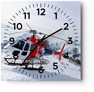 Modern Wanduhr Hubschrauber Berge Gipfel Winter 40x40cm Quadrat Groß Wand Uhr Glas Analog Zimmeruhren Küche Büro Wohnzimmer Glasuhr Wall Clock Dekoration Design Wanddekoration Küchenuhr C4AC40x40-1572