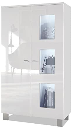 Vladon Vitrine de Salon Denjo, Vitrine sur Pied avec 2 Portes et 3 vitres, Blanc Mat/Blanc Haute Brillance, éclairage LED Inclus (71 x 129 x 35 cm)