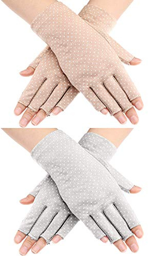 Maxdot Fingerless Gloves Non Slip UV Protection Driving Gloves Summer Outdoor Gloves for Women(2 Pairs,Gray and Khaki)