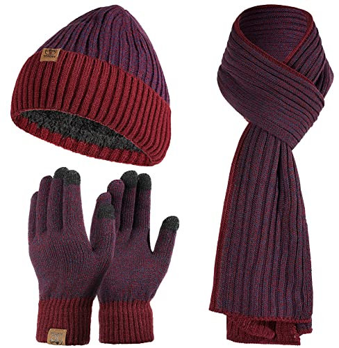 Tofern 3 In 1 Mütze, Schal & Handschuh-Sets für Damen Herren - Winter Beanie Strickmütze, Langer Schal, Verdickte Und Weiche Wolle Handschuhe