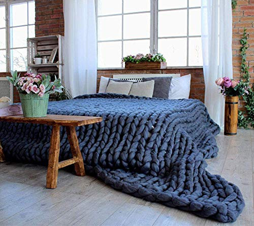 Fankr Grob gestrickte Kuscheldecke, Decke Handgefertigtes Chunky Gestrickte Wolldecke, Merino Wolle Garn Arm Stricken werfen, Haustier Bett Stuhl Sofa Navy 60x60CM