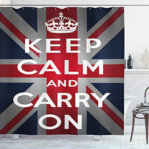 ABAKUHAUS Union Jack Duschvorhang, Wörter Crown UK Flagge, Stoffliches Gewebe Badezimmerdekorationsset mit Haken, 175 x 220 cm, Weiß Blau Rot