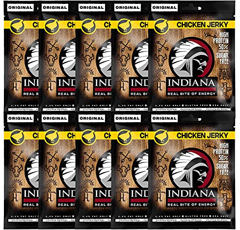 Indiana Chicken Jerky, Geschenkbox High Protein Trockenfleisch, ohne Zuckerzusatz, Glutenfrei (10 x 25g)