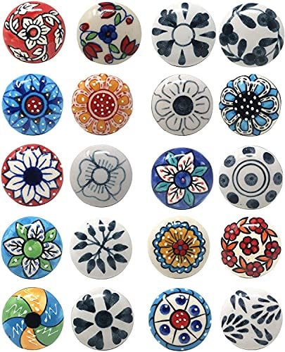Ajuny Set of 20 Ceramic Knobs Colorful Floral Cupboard Door Drawer and Furniture Pulls for Kitchen Bathroom Cabinets Dresser Drawers Handmade Decorative Knobs