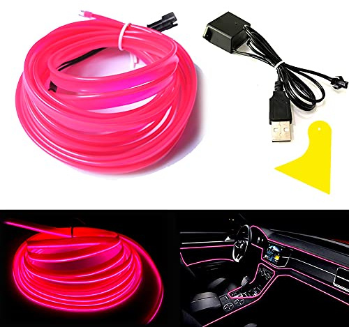 Balabaxer El Wire Pink Interior Car LED Strip Lights, 10M Neon Wire USB 5V with Fuse Protection for Automotive Car Interior Decoration with 6mm Sewing Edge