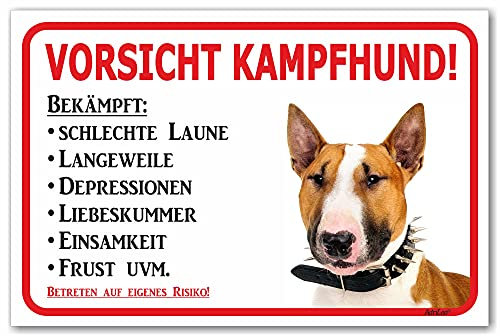 AdriLeo Schild - Vorsicht Bullterrier - Kampfhund - (30x40cm) / Hellbraun/weiß - Achtung Hund Wachhund robust langlebig UV-beständig wetterfestes Warnschild