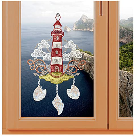 kollektion MT Maritimes Fensterbild Leuchtturm mit Muscheln und Anker aus Vogtländischer Spitze inkl. Saughaken