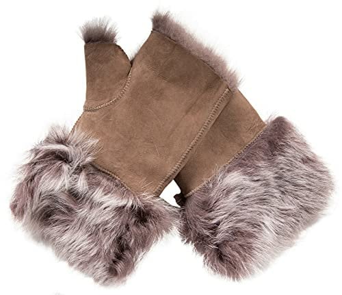 Infinity Leather Damen Handschuhe Winter Warm Taupe Shearling Toskana Schaffell Wildleder Fingerloses Design