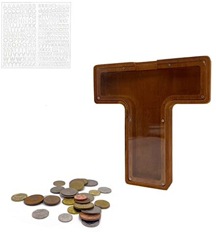 MEDOYOH Groß T Spardose Holz Buchstabe, 23CM/9IN Buchstaben Spardose Holz Alphabet Sparbox Münzen Sparschwein Hochzeit für Erwachsene Kinder Geburtstagsgeschenk