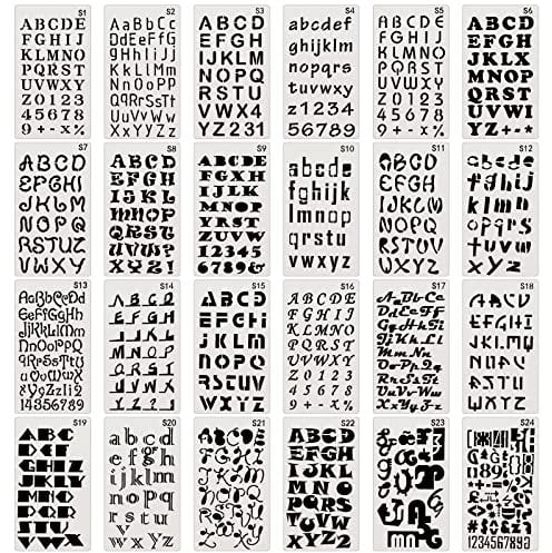 BLMHTWO 24 Stück Buchstabenschablonen, Schablonen Alphabet Wiederverwendbar 24 Schriftarten Schablonen Buchstaben Schablone Zeichnen für Zeichnungen Scrapbooking Einladungen Notizen