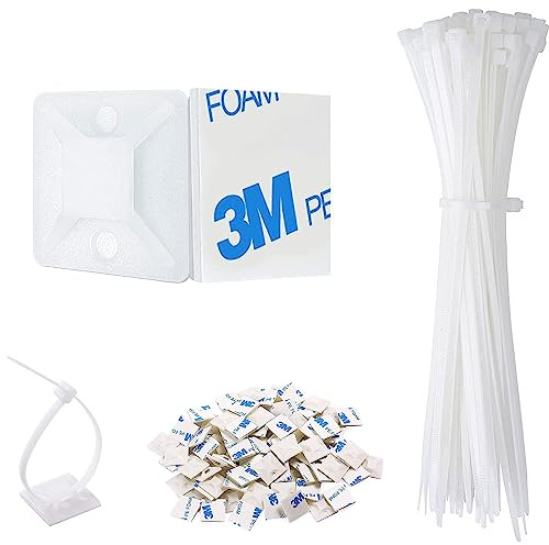 Strong Back-Glue Self Adhesive Cable Zip Tie Mounts Kit - 100 Set Cable Management Clips with 6 Zip Ties, Wire Holders and Screws - Outdoor Sticky Wire Organizer Clips-Black (50 Set, White)