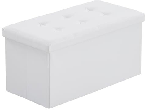 LEADZM Sitzbank mit Stauraum, Sitztruhe, Polsterbank Sitzhocker, Aufbewahrungsbox, Fußablage, Sitzbank faltbar, 76 x 38 x 38 cm, für Schlafzimmer, Wohnzimmer, Büro, etc. (PVC Leder, Weiß)