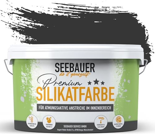 SEEBAUER diy Silikatfarbe Schwarz 10L für Innen (No. 100 Black Pearl) Atmungsaktive Mineralfarbe für Allergiker - Abwaschbare Wandfarbe - Schwarztöne hohe Deckkraft
