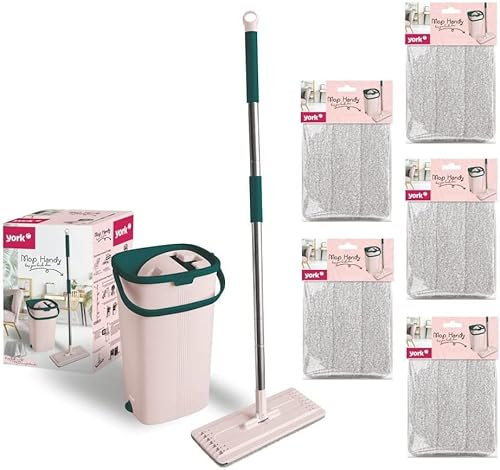 York Juego de mopa para teléfono móvil, Plana, giratoria con Dos Compartimentos, fregona con función de escurridor, Limpieza en seco y húmedo, Adecuada para Todos los Suelos, 5 Cartuchos adicionales