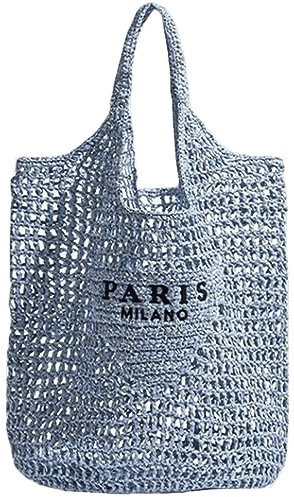 Erhuoxz Sac de plage en paille pour femme, sac fourre-tout tissé, sac à bandoulière creux, grand sac hobo sac à main, sac de voyage d'été, bleu, Large