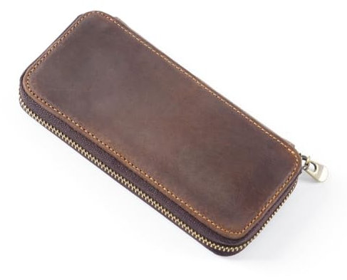 DONGKER Leder Schreibetui, Vintage Stiftmappe, Retro Stifteetui Federmappe Schlamppermäppchen mit Kartenklammer und 3 Schlaufen für Schul und Büromaterial, 16,5×8 cm