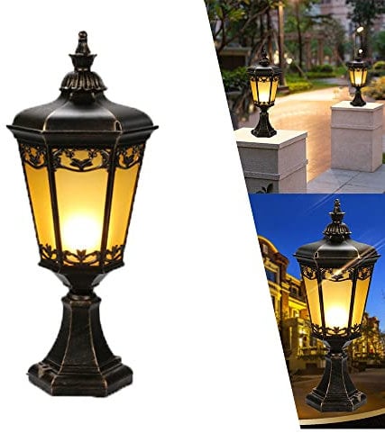 Rustikale Wegeleuchte in Golden antik Glas Alu E27 Sockelleuchte außen Garten Weg Vintage Sockellampe Säulelampe Wasserdichte IP44 Pollerleuchten LED für Balkon Rasen Terrasse Pfosten Zaun Villa