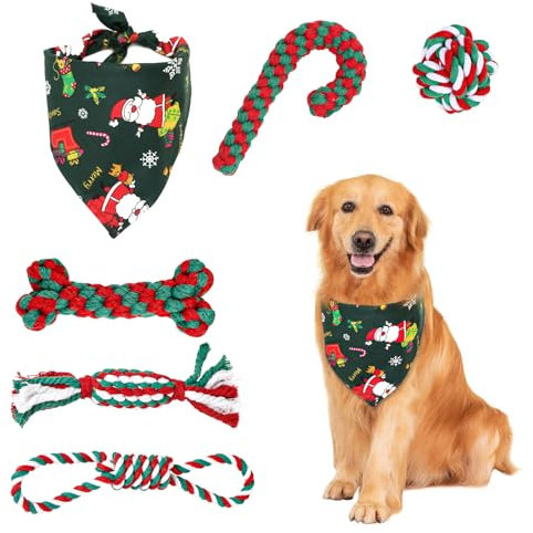 GothicBride 6 Stück Hundespielzeug Weihnachten, Geschenk Weihnachten Enthält 5 Hundespielzeuge Seil Naturbaumwolle & 1 Grüner Hunde Halstücher, Kauspielzeug Weihnachten Hundespielzeug Zuckerstange
