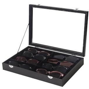Coward Sunglass Organizer Tray Box, Black Velvet Grids Eyeglasses Display Tray Case with Transparent Glass Lid for Home Use or Store Shop Selling Show
