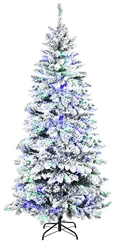 HOMCOM Árbol de Navidad Artificial con 250 Luces LED 210 cm Árbol Nevado con 829 Ramas y Base Plegable de Metal Decoración Navideña para Interiores Ø112x210 cm Verde