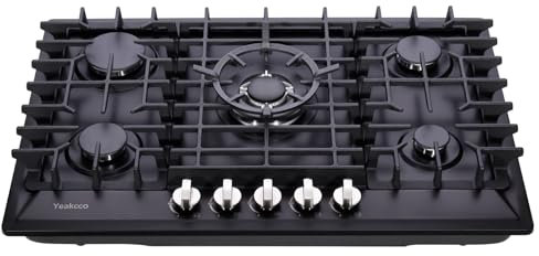 Yeakcco 30 Inch Gas Cooktop, Built-in 5 Burners Stainless Steel Gas Stovetop Propane/Natural Gas Convertible Stove Top Dual Fuel Gas Hob (Black)