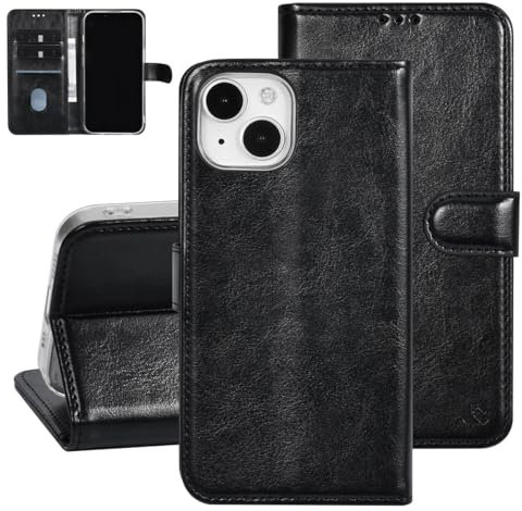UNIQ Accessory Schutzhülle für Apple iPhone 15, mit Kreditkartenfächern für 3 Karten, Magnetverschluss, inkl. 2 Displayschutzfolien aus Hartglas (Schwarz, Apple iPhone 15