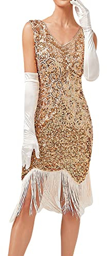 KBOPLEMQ Gatsby Costume Charleston pour femme - Robe de soirée - Robe de bal de fin d'année 1920 - Style rétro - Robe à paillettes - Robe longue années 1920 - Robe de cocktail en maille
