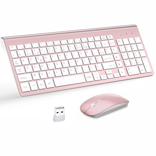 Ensemble Clavier et Souris sans Fil Ultra-Mince avec Pad Souris, MOOJAY 2.4G USB Silent Compact Ciseaux Clavier d'interrupteur Souris avec Couvercle, Piles AA et AAA, pour PC/Laptop/Windows-Rose Blanc