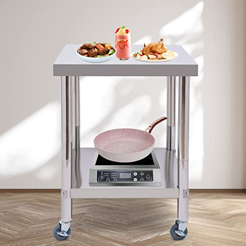 Tavolo da lavoro da cucina in acciaio inox, carrello di servizio con ruote, 60 x 60 cm, 2 livelli, carico massimo: 300 kg, adatto per cucine, hotel, panetterie, ristoranti di bianco