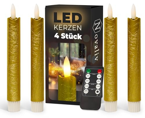 Novaliv Stabkerzen LED mit Timer GOLD 4 Stück indoor 6 Stunden - ECHTWACHS 18cm Höhe für Kerzen 2,2cm Durchmesser 2 AAA Batterien notwendig LED Stabkerzen flackernde Flamme bewegliche Flamme Licht