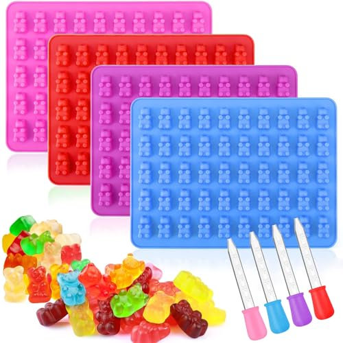 YXHZVON 4 Stück Gummibärchen Formen Silikon-Schokoladenformen Süßigkeiten-Silikonformen & Eiswürfelschalen, Gießform Gummibärchen Pralinenformen Fruchtgummi Form mit 4 Dropper(18,5 * 13,5 * 1 cm)
