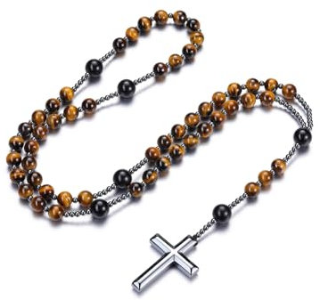 PiercingJak Rosenkranz Kreuz Kette Herren Tigerauge Halskette mit Hämatit Kreuz Anhänger Katholische Schmuck Christlich Religiöse Gebet Kommunion Taufe Geschenke für Männer Frauen Damen
