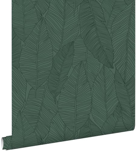 papier peint feuilles dessinées vert foncé 0,53 x 10,05 m - ESTAhome