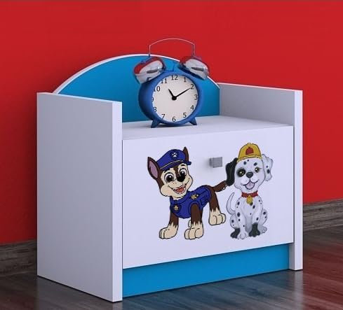 BDW - Nachttisch Kinderzimmer - Super Hunde - Nachtschrank Kinder - Nachttisch mit 1 Schublade - Nachtschrank für Schlafzimmer Kinderzimmer - 40x44x34cm - Blau - Zwei Hunde