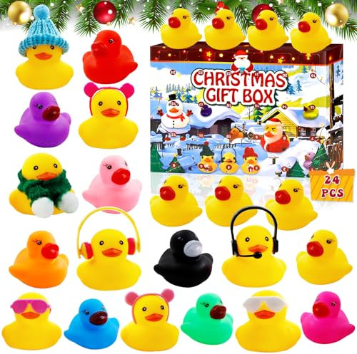 Adventskalender Enten 2024 Kinder mit 24 Tage Weihnachtskalender Countdown,24 Stück Gummienten Weihnachtsgeschenke Quietscheenten Adventskalender Badespielzeug für Kinder Jungen Mädchen
