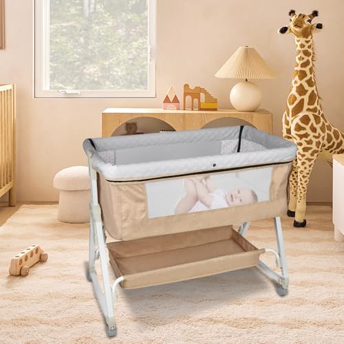 HUOLE 3 in 1 Beistellbett, Reisebett Baby mit Matratze, Babybett 6 Fach höhenverstellbar mit Aufbe, tragbarer Stubenwagen mit Rollen für Baby bis 36 Monaten-92 * 52 * 106-118cm – gebrochenes Weiß