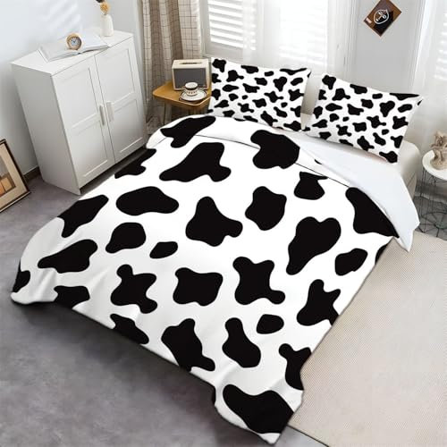 Bettwäsche Set Tier Kuhmuster Weiß Schwarz 220 cm x 240 cm, Weiche Angenehme Bettbezug Mit Reißverschluss Und 2 Kissenbezug, Bedrucktes Bettwäsche Sets Für Kinder Erwachsene Raumdekoration