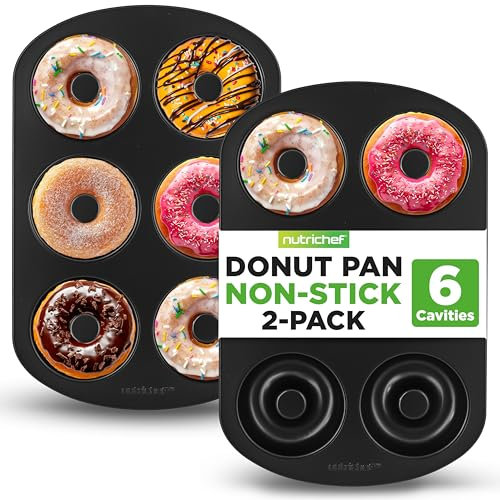 Nutrichef Donut Maker Tray for Baking, Doughnut Maker, Donut Mould-Pan-Tin, 2-Piece Bagel Pans Set, 6 Cavity Non-Stick Carbon Steel, Easy Clean, Dishwasher Safe, 31.97 × 20.98 × 2.3 cm, Black
