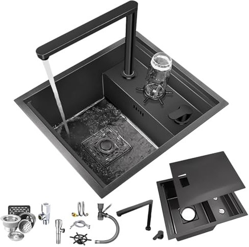 Coubird Fregadero de cocina negro para encimera/bajo encimera, fregadero pequeño invisible, adecuado para bar, caravana, cocina, grifo plegable integrado, fregadero de acero inoxidable de un solo