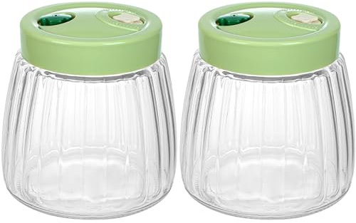Fermentation Jars 2PCS 1L Glass Kimchi Container with Manual and Automatic Air Release Valve 360° Leak Proof Sourdough Starter Jar Withand Anti-Slip Stripe and Lid for Making Kimchi, Yogurt