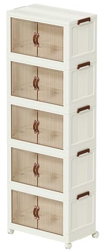 Roqao Storage Boxes with Lid, 5-Tier Plastic Stackable Storage Drawers, 38L Large Collapsible Bins on Wheels, Foldable Storage Organizer for Home, Closet, Kitchen, Bedroom, Office