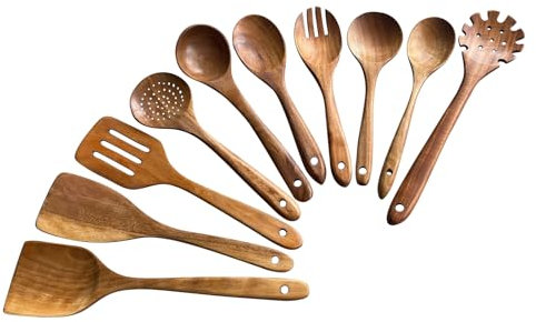 Juego de cucharas de madera, 10 unidades, juego de cucharas de cocina de madera, utensilios de cocina de madera con espátula, tenedores de ensalada, cuchara de pasta, utensilios de cocina de madera de