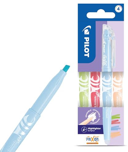Pilot FriXion Light Natural Löschbare Textmarker, 4 Stück, hellblau, grün, orange und rosa, thermoempfindliche Tinte, schmierfrei, glatter Fluss, 4,0 mm Keilspitze mit Clip für Journaling, Notizen und