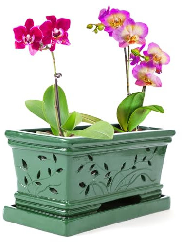 Tbpro 10Inch Orchid Pot with Holes and Saucers Green Rectangle Terracotta Orchid Pots Ceramic Flower Succulent Planter with Drainage and Saucer Plant Pot for Plants Indoor Outdoor