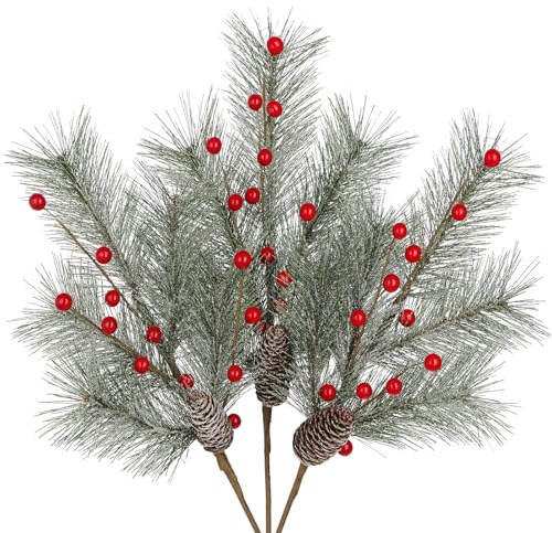 Oairse 3er Set Kunstpflanze Beerenzweig Kunstzweig Künstlicher Weihnachtsdeko, Dekorative Beerenzweig mit Tannenzapfen für Weihnachtsbaum, Christbaumschmuck, Weihnachtsbaum Neujahr Ornamente