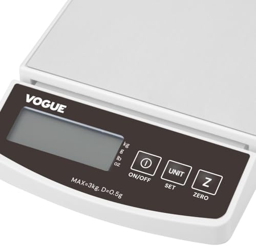 Vogue Electric Scale Rectangular, White, 3kg - Food Scale for Baking, Cooking, Keto and Meal Prep HZ320 | Provides accurate portion control to manage food costs, supporting busy catering environments and precise prep.